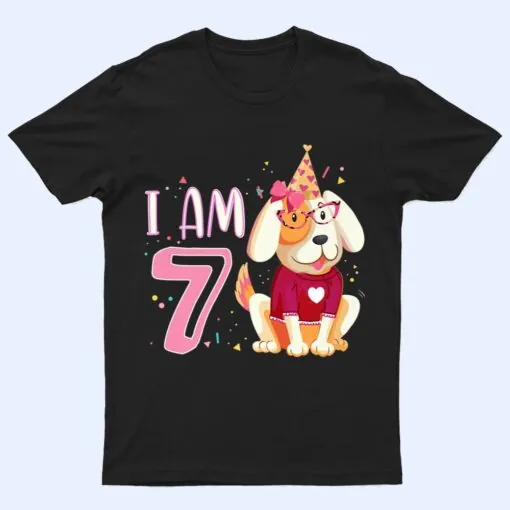 7th birthday girl dog puppies children I am 7 T Shirt