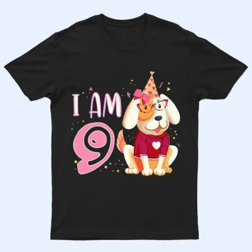 9th birthday girl dog puppies children I am 9 T Shirt