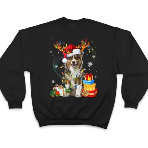 Australian Shepherd Dog Lights Santa Hat Christmas T Shirt