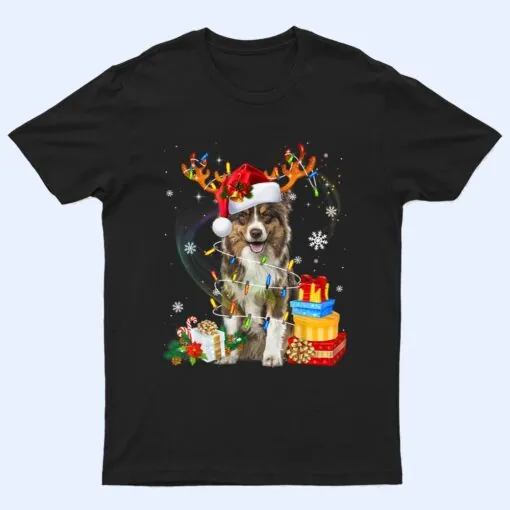 Australian Shepherd Dog Lights Santa Hat  Christmas T Shirt