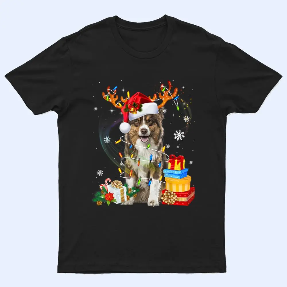 Australian Shepherd Dog Lights Santa Hat  Christmas T Shirt Australian Shepherd Dog Lights Santa Hat  Christmas T Shirt