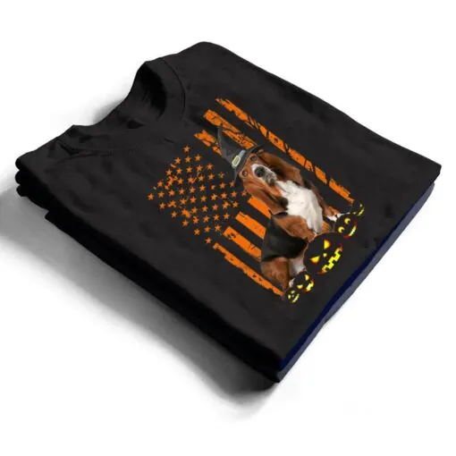 Basset Hound Dog Pumpkin American Flag Witch Hat Halloween T Shirt