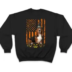 Basset Hound Dog Pumpkin American Flag Witch Hat Halloween T Shirt