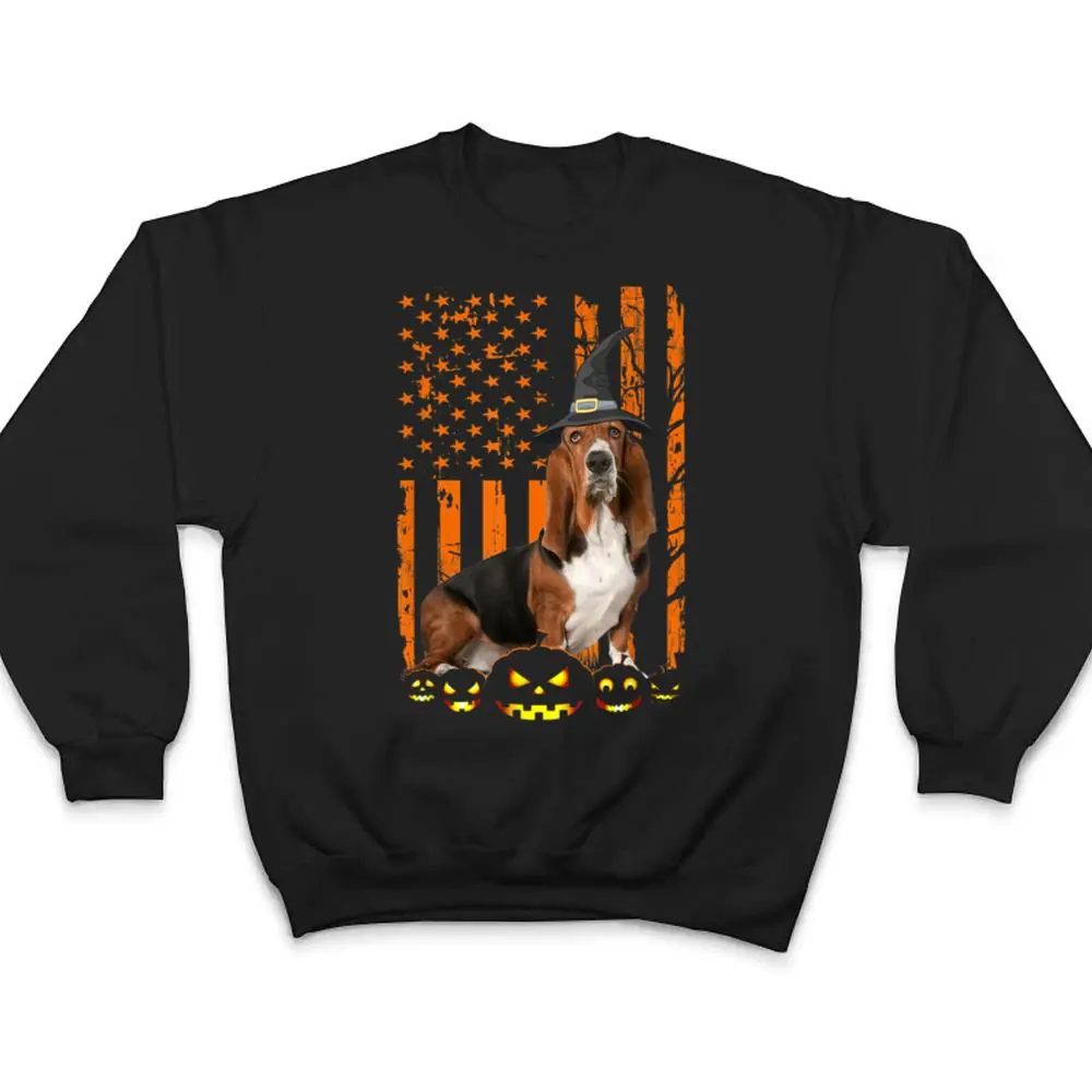 Basset Hound Dog Pumpkin American Flag Witch Hat Halloween T Shirt