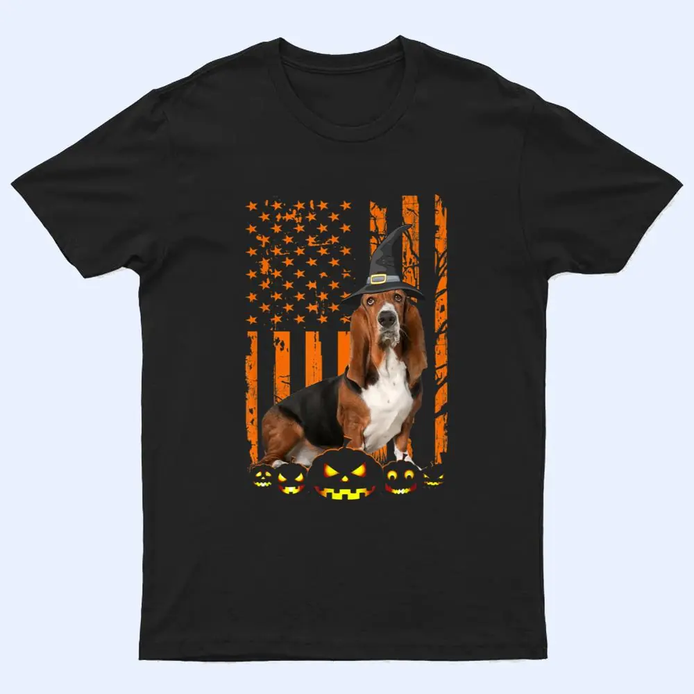 Basset Hound Dog Pumpkin American Flag Witch Hat Halloween T Shirt