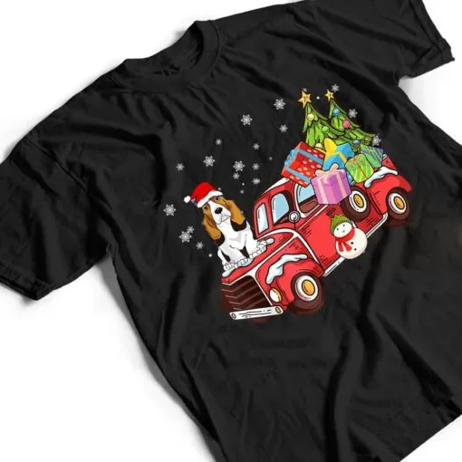Basset Hound Riding Red Truck Merry Christmas Dog Lover T Shirt