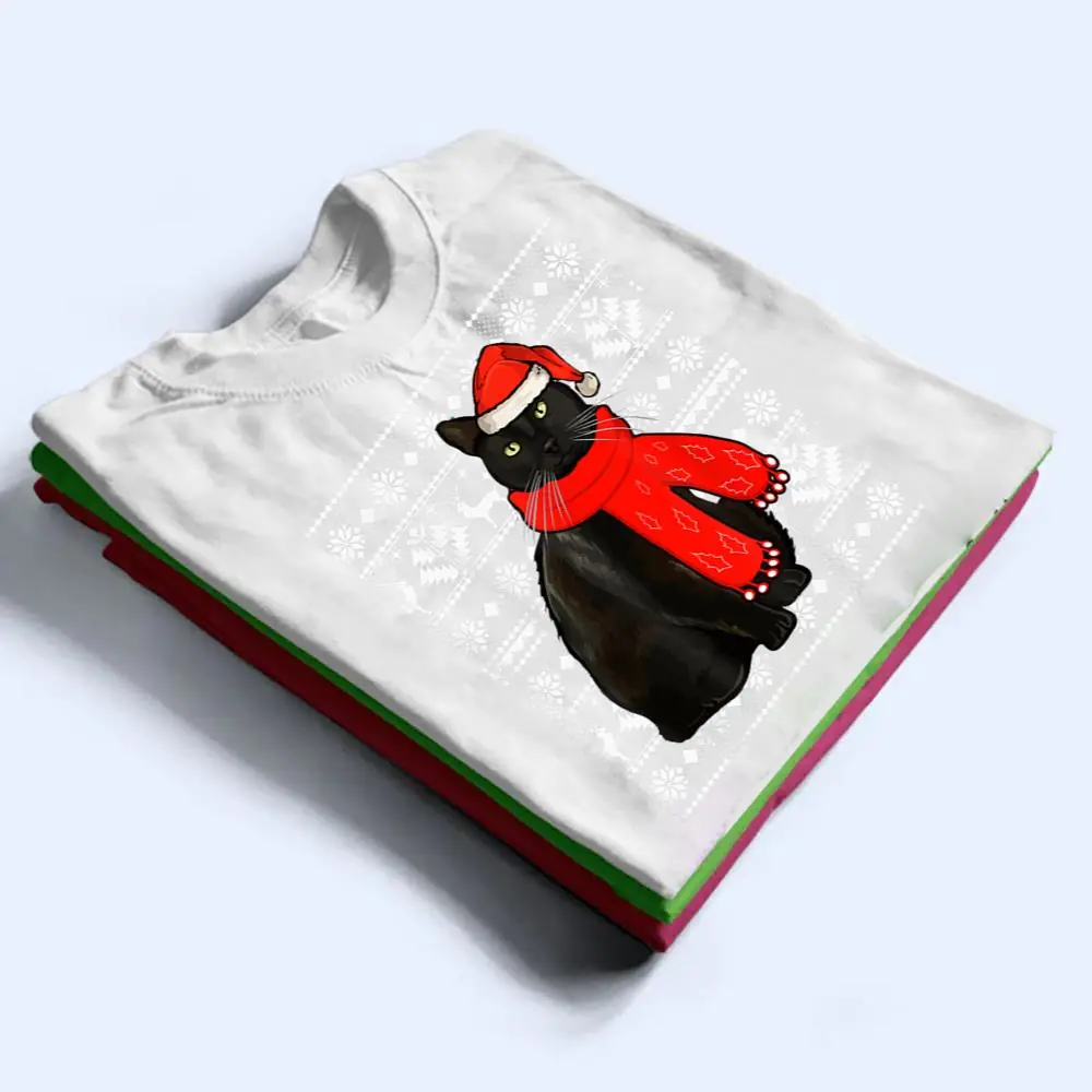 Black-Cat-Santa-Hat-Ugly-Christmas-Sweater-Funny-Xmas-Pajama-T-Shirt-1 Black Cat Santa Hat Ugly Christmas Sweater Funny Xmas Pajama T Shirt