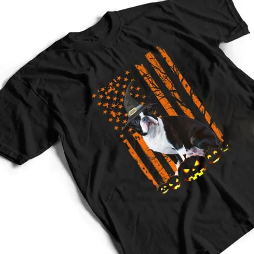 Boston Terrier Dog Pumpkin American Flag Witch Halloween T Shirt