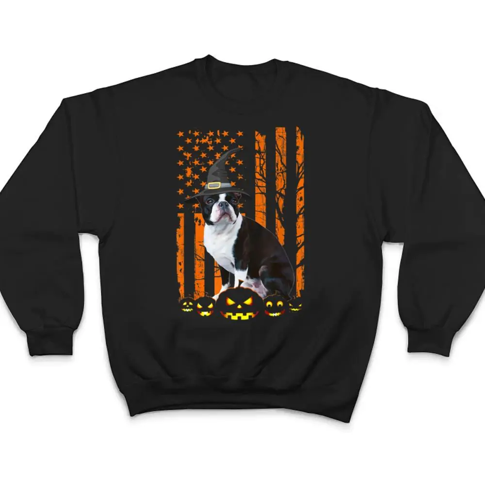 Boston Terrier Dog Pumpkin American Flag Witch Halloween T Shirt