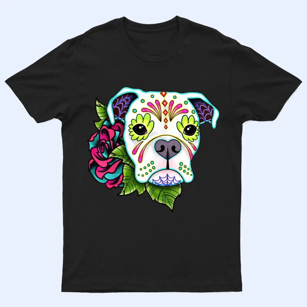 Boxer in White - Day of the Dead Sugar Skull Dog T Shirt Boxer in White - Day of the Dead Sugar Skull Dog T Shirt