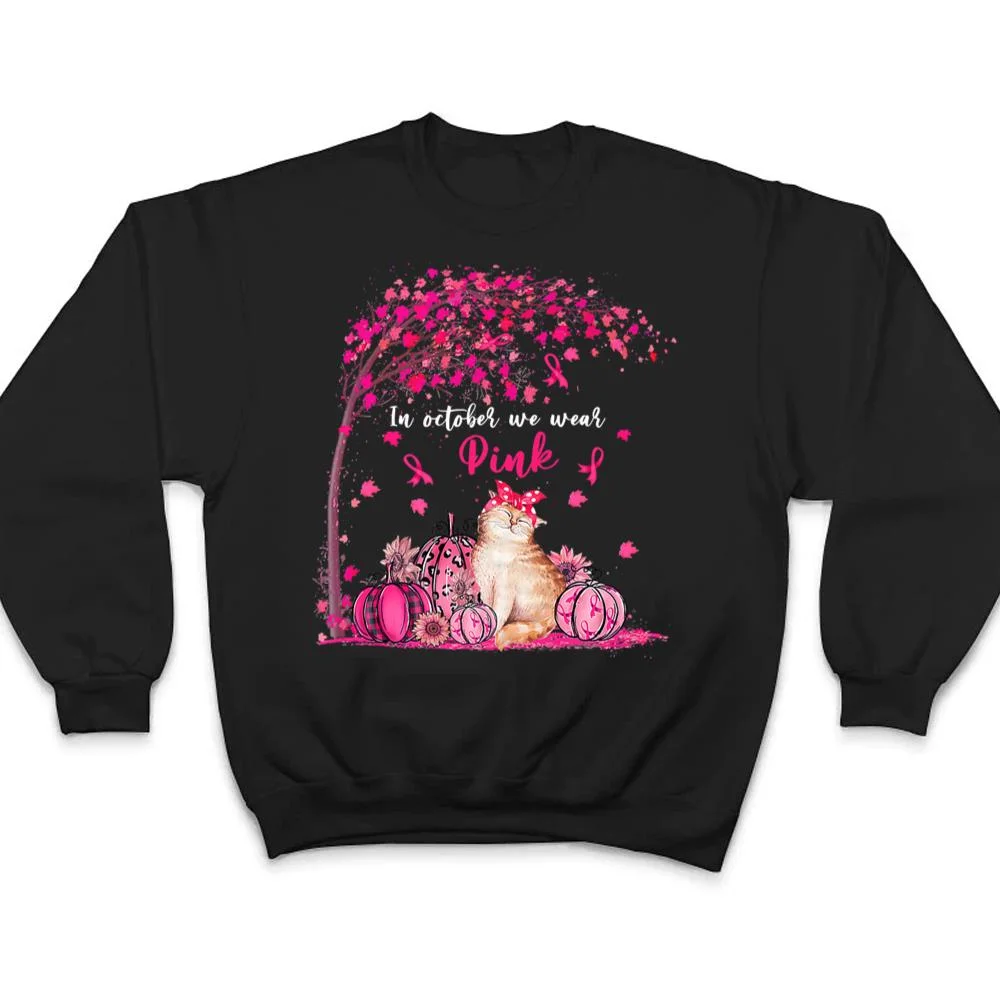 Breast Cancer Awareness In October We Wear Pink Pumpkin Cat Premium T Shirt
