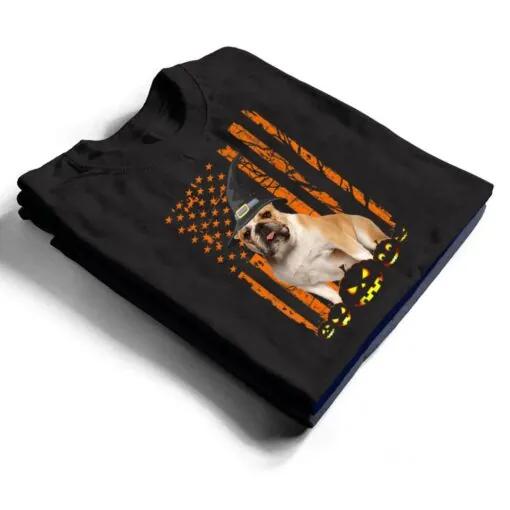 Bulldog Dog Pumpkin American Flag Vintage Halloween Witch T Shirt
