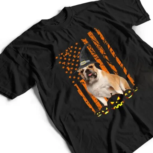 Bulldog Dog Pumpkin American Flag Vintage Halloween Witch T Shirt
