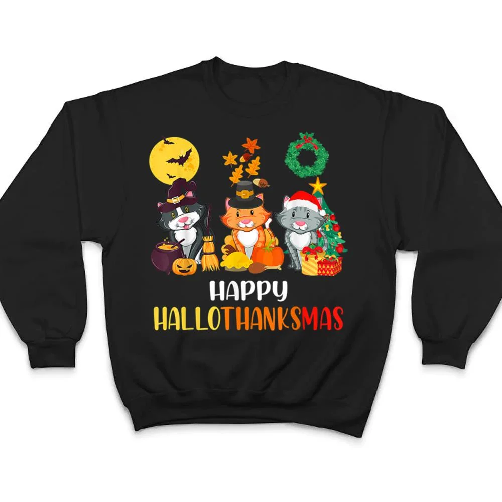 Cat-Halloween-Christmas-Happy-Hallothanksmas-Thanksgiving-T-Shirt-4 Cat Halloween Christmas Happy Hallothanksmas Thanksgiving T Shirt