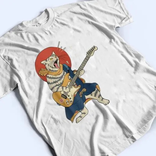 Cat Playing Guitar Ukiyo E Samurai Japanese Warrior T Shirt
