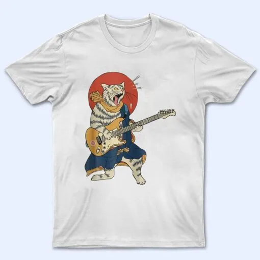 Cat Playing Guitar Ukiyo E Samurai Japanese Warrior T Shirt