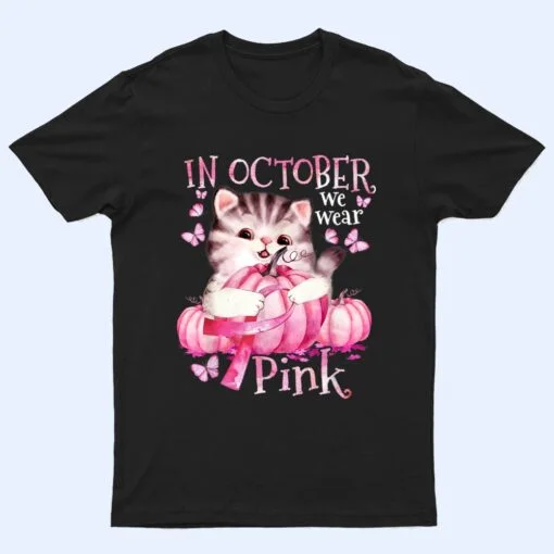 Cat Pumpkin Halloween In October We Wear Pink Breast Cancer T Shirt