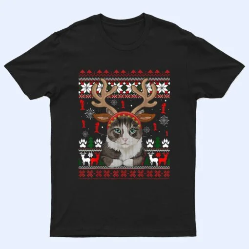 Cat Reindeer Antlers Headband Funny Ugly Christmas Sweater T Shirt