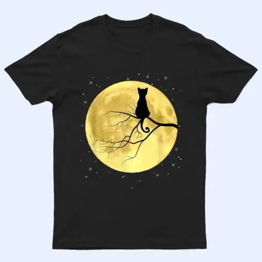 Cat Silhouette On Moon Mystical Cat Halloween Cat And Moon T Shirt