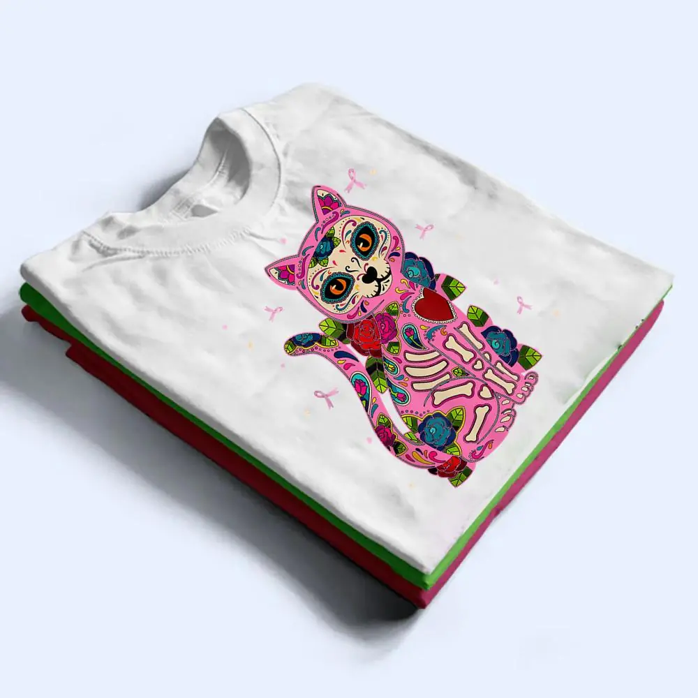 Cat-Sugar-Skull-Mexico-Breast-Cancer-Pink-Ribbon-T-Shirt-1 Cat Sugar Skull Mexico Breast Cancer Pink Ribbon T Shirt