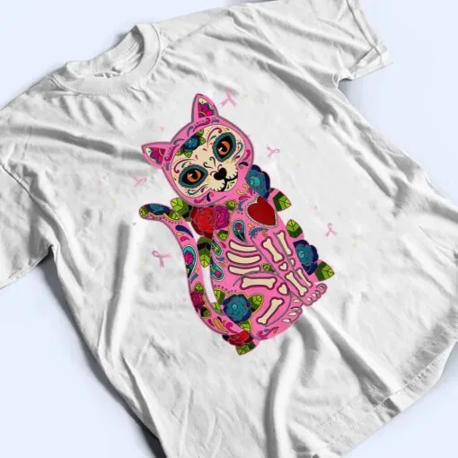 Cat Sugar Skull Mexico Breast Cancer Pink Ribbon T Shirt