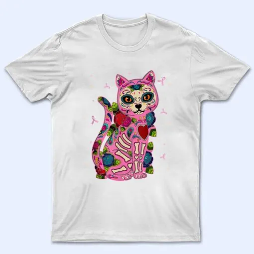 Cat Sugar Skull Mexico Breast Cancer Pink Ribbon T Shirt