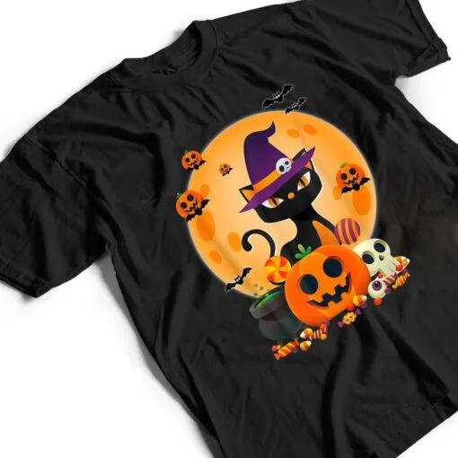 Cat With Witch Hat Pumpkin Bat Moon Cat Funny Halloween T Shirt