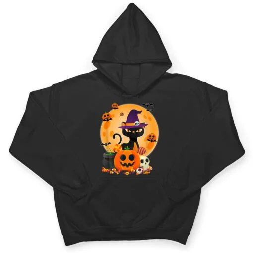 Cat With Witch Hat Pumpkin Bat Moon Cat Funny Halloween T Shirt