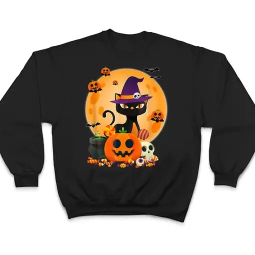 Cat With Witch Hat Pumpkin Bat Moon Cat Funny Halloween T Shirt