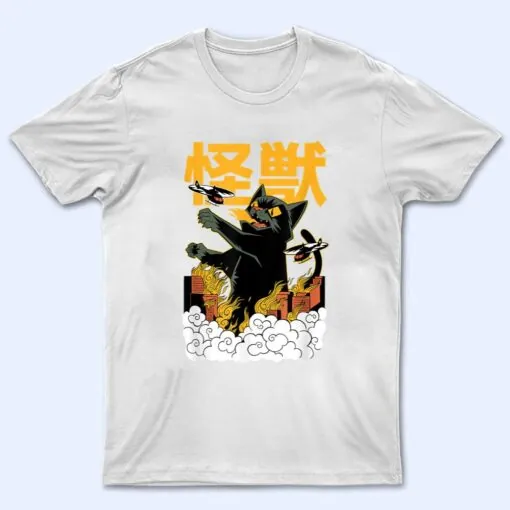 Catzilla vs Kaiju Vintage Funny Cute Cat Art Japanese Sunset T Shirt