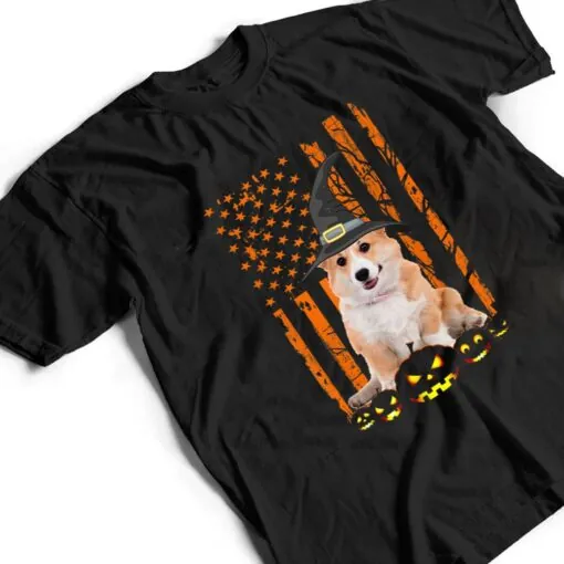 Corgi Dog Pumpkin American Flag Vintage Halloween Witch T Shirt