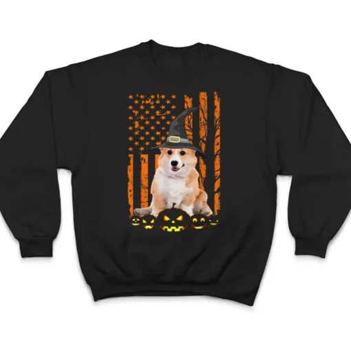 Corgi Dog Pumpkin American Flag Vintage Halloween Witch T Shirt