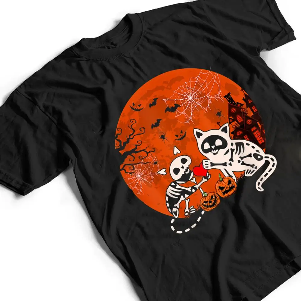 Couple Skeleton Horror Cats Halloween Couple Cat Owner Lover T Shirt