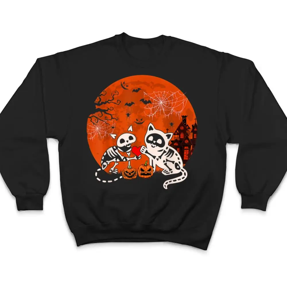 Couple Skeleton Horror Cats Halloween Couple Cat Owner Lover T Shirt