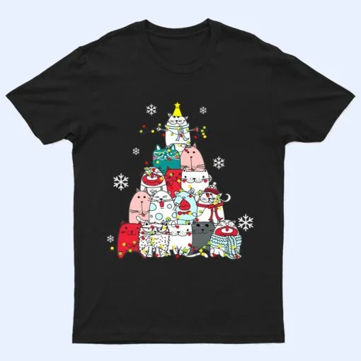 Cute Cat Christmas Tree Lights Snow Xmas Pajama Cat Lover T Shirt