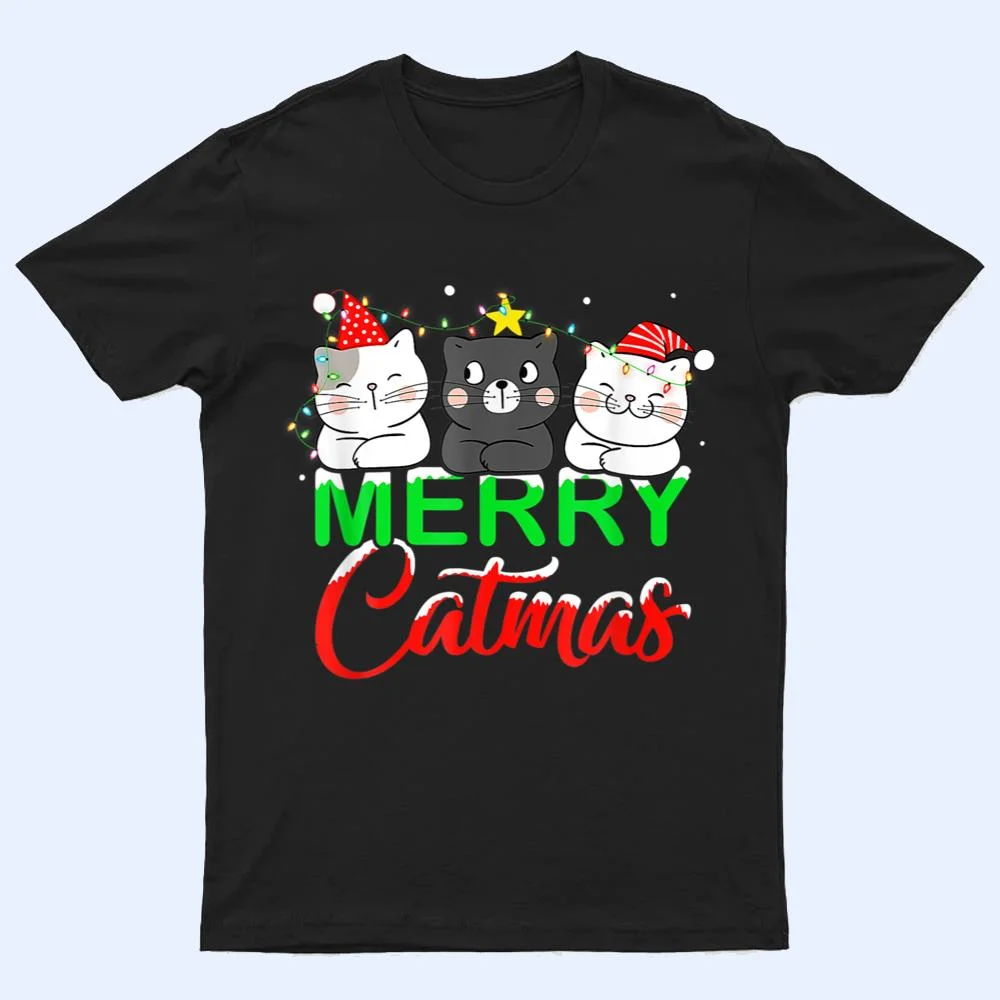 Cute Cat Lover Xmas Lights Santa Merry Catmas Cat Christmas T Shirt