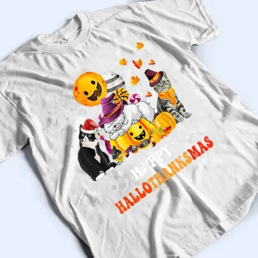 Cute Lazy Cat With Pumpkin Happy Hallowthanksmas T Shirt