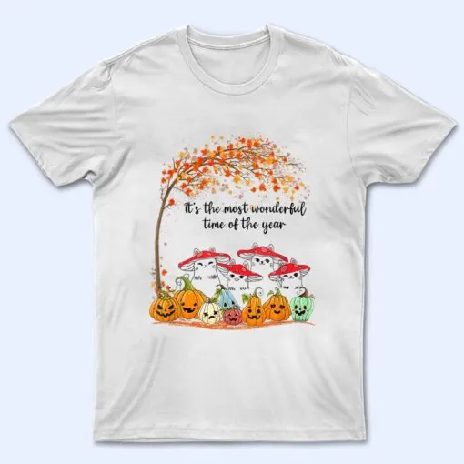 Cute Mushroom Cat Pumpkin Fall Leaves Autumn Cat Lover T Shirt