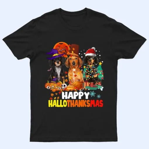 Dachshund Dog Halloween Merry Christmas Happy Hallothanksmas T Shirt