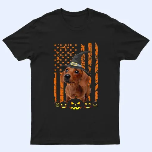 Dachshund Dog Pumpkin American Flag Vintage Halloween Gifts T Shirt