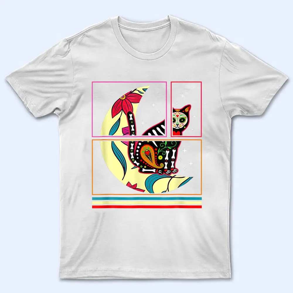 Dia De Los Muertos Cat And Moon Sugar Skull Halloween Party T Shirt