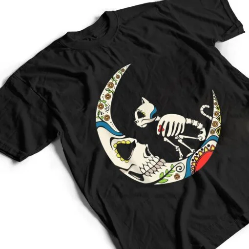 Dia De Los Muertos Crescent Moon And Cat Sugar Skull T Shirt