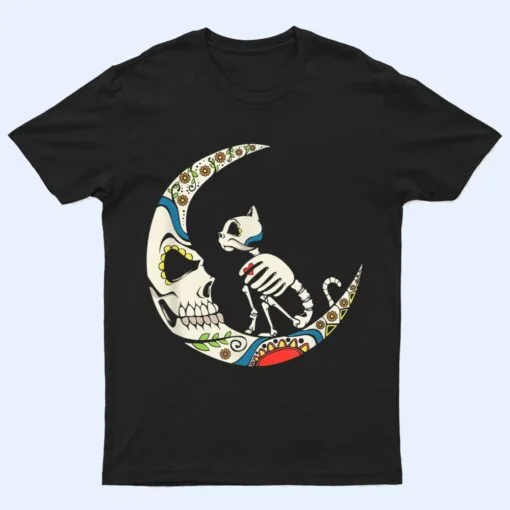 Dia De Los Muertos Crescent Moon And Cat Sugar Skull T Shirt