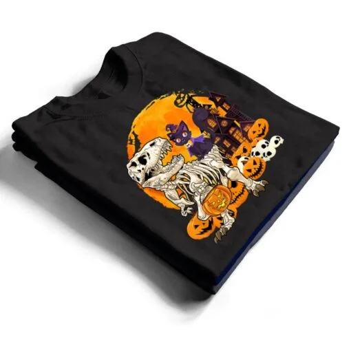 Dinosaur Skeleton Pumpkin With Moon Halloween Cat Witchy T Shirt