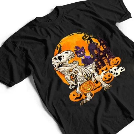 Dinosaur Skeleton Pumpkin With Moon Halloween Cat Witchy T Shirt