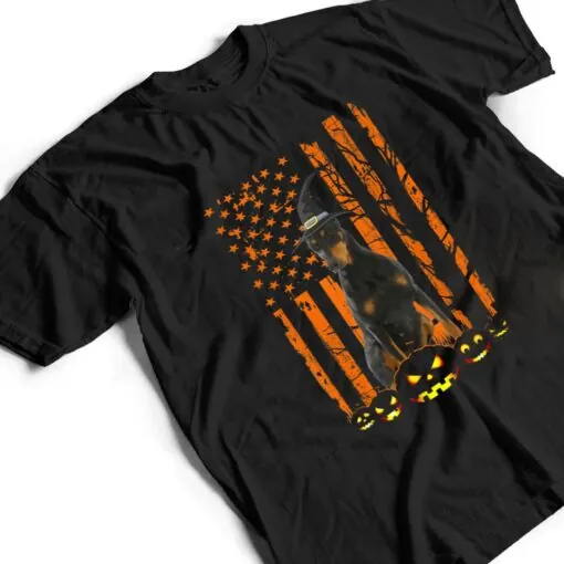 Doberman Pinscher Dog Pumpkin American Flag Witch Halloween T Shirt