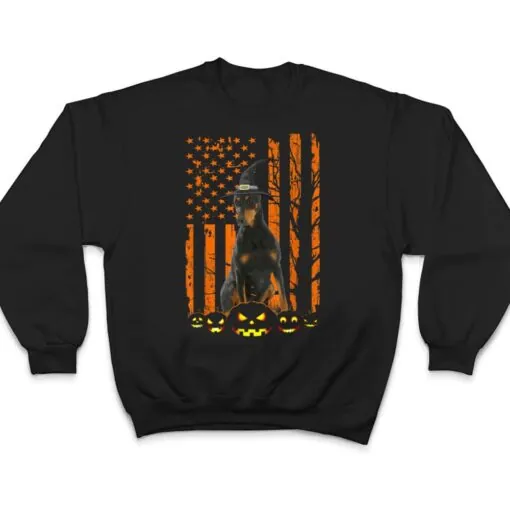 Doberman Pinscher Dog Pumpkin American Flag Witch Halloween T Shirt