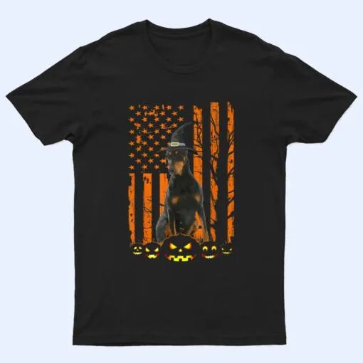 Doberman Pinscher Dog Pumpkin American Flag Witch Halloween T Shirt