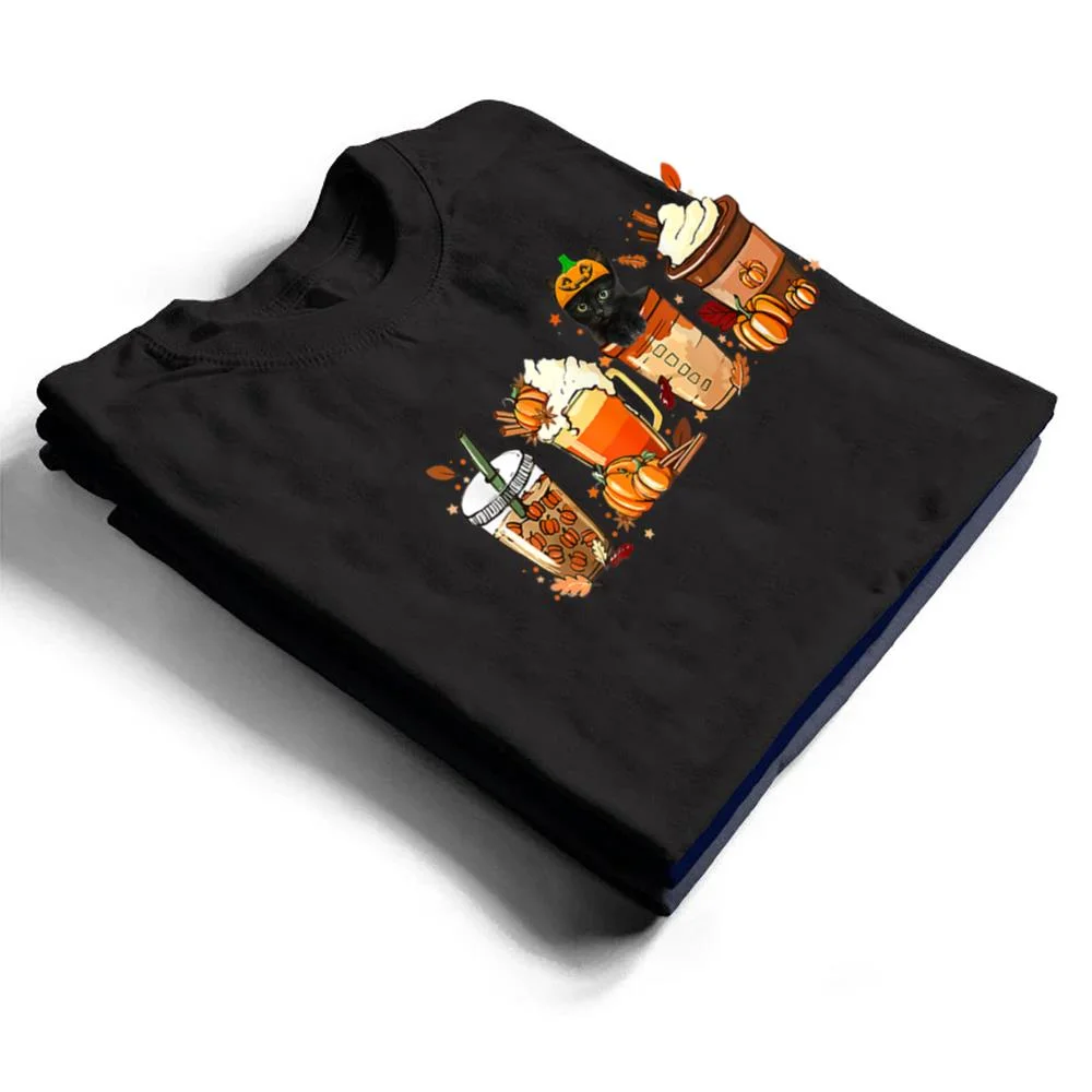 Fall Coffee Pumpkin Spice Latte Iced Autumn Black Cat T Shirt