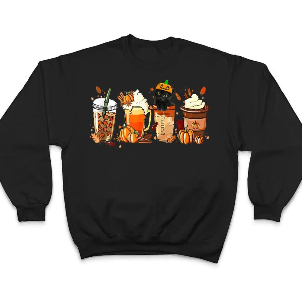 Fall Coffee Pumpkin Spice Latte Iced Autumn Black Cat T Shirt